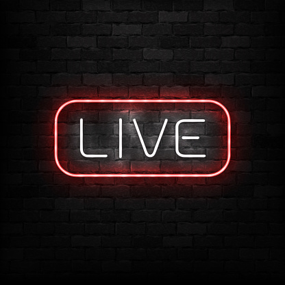 Vector realistic isolated neon sign of Live logo for decoration on the wall background. Concept of podcast and radio.