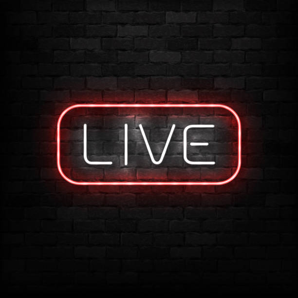 Vector realistic isolated neon sign of Live logo for decoration on the wall background. Concept of podcast and radio. Vector realistic isolated neon sign of Live logo for decoration on the wall background. Concept of podcast and radio. live event stock illustrations