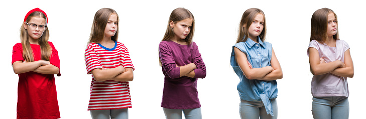 Collage of young beautiful little girl kid over isolated background skeptic and nervous, disapproving expression on face with crossed arms. Negative person.