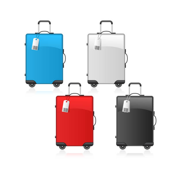 istock Travel wheeled suitcases in black, red, blue and white colors 1069201736