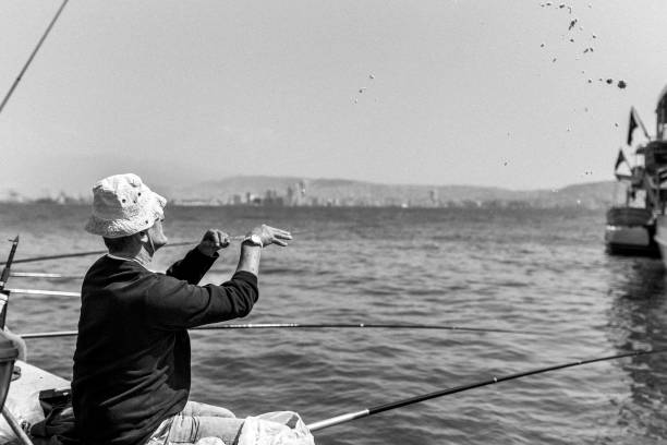 Creative picture collage of old fisherman abstract worker stressed when fishing alone to achieve his plan for year over gray background.