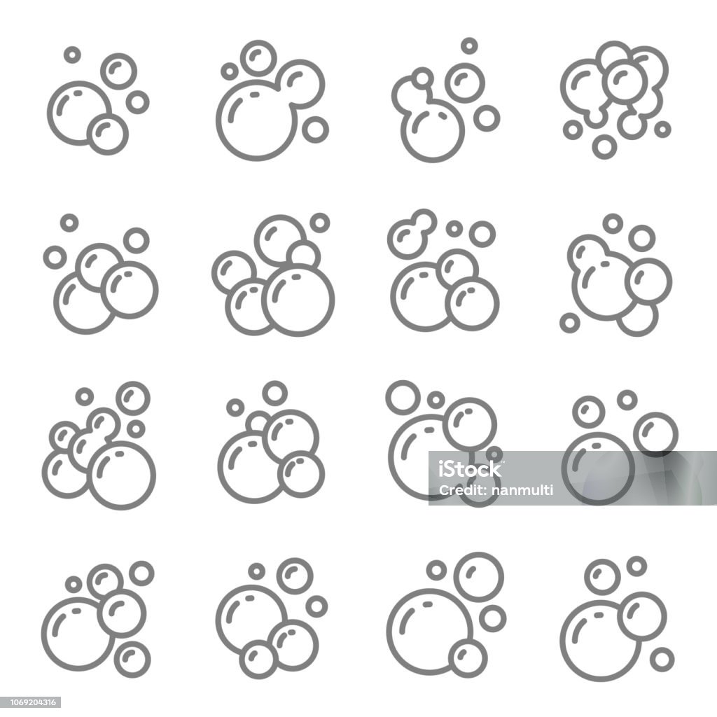 Línea de espuma burbujas Vector Icon Set de jabón. - arte vectorial de Burbuja libre de derechos