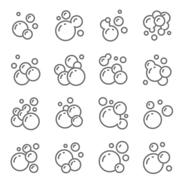 mydło pianka bubbles vector linii icon set. - soap sud bubble cleaning water stock illustrations