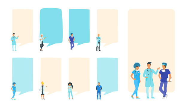 Doctor speech bubble. Doctor speech bubble set. People standing in front of a big empty banner. Design for social media to write healthcare information. Stories template. Minimalism design with people silhouettes nurse borders stock illustrations