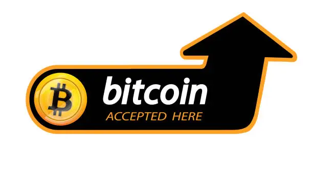 Vector illustration of Bitcoin logo of crypto currency with an inscription accepted here on a black background. Block sticker for slabbarking organizations for web pages or printing. Logo bitcoins .Vector illustration