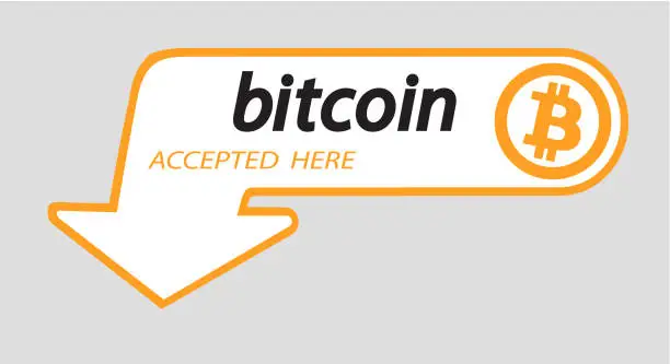 Vector illustration of Bitcoin logo of crypto currency with an inscription accepted here on a white background. Block sticker for slabbarking organizations for web pages or printing. Logo bitcoins .Vector illustration