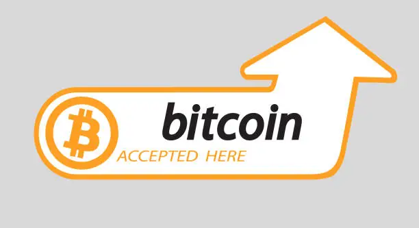 Vector illustration of Bitcoin logo of crypto currency with an inscription accepted here on a white background. Block sticker for slabbarking organizations for web pages or printing. Logo bitcoins .Vector illustration