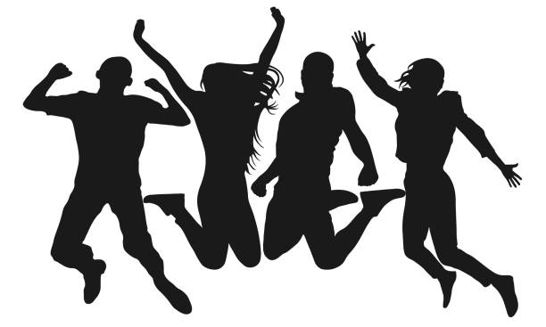 ilustrações de stock, clip art, desenhos animados e ícones de people jump vector silhouette. cheerful man and woman isolated. jumping friends colorful background - friends party