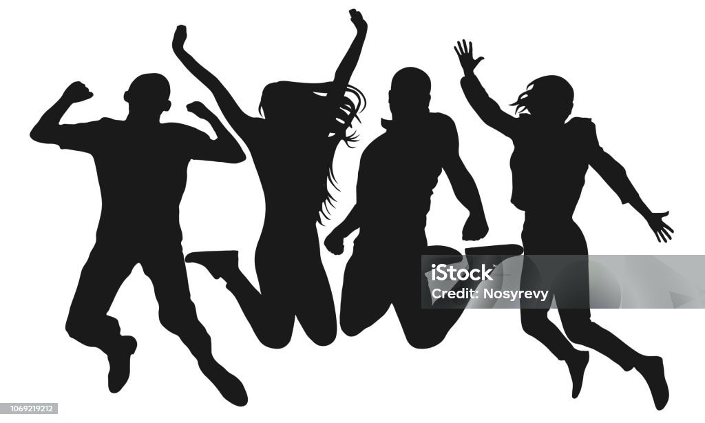 People jump vector silhouette. Cheerful man and woman isolated. Jumping friends colorful background In Silhouette stock vector