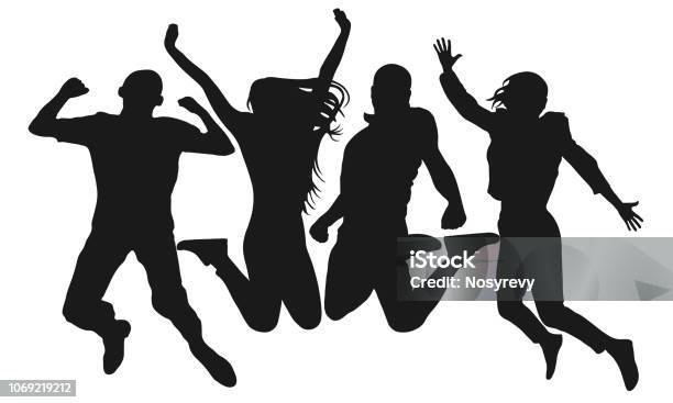 People Jump Vector Silhouette Cheerful Man And Woman Isolated Jumping Friends Colorful Background Stock Illustration - Download Image Now