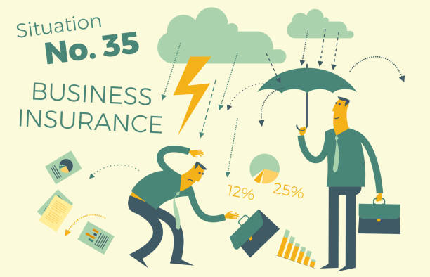 비즈니스 상황의 삽화와 함께 비즈니스 인포 그래픽입니다. 비즈니스 관심사의 보험 서비스, 보험, 보호. 우산, 사업 비와 번개에서 보험 에이전트. 보험 사례입니다. 벡터 일러스트입니다. - insurance rain insurance agent umbrella stock illustrations