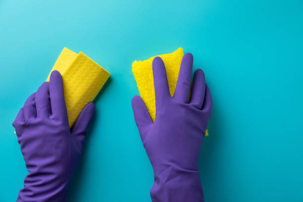istock cleaning on blue background. two hands holding a sponge for washing. Flat lay, Top view. 1069220990