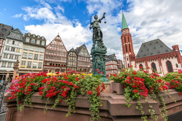 Frankfurt old town Frankfurt old town with the Justitia statue. Germany frankfurt stock pictures, royalty-free photos & images
