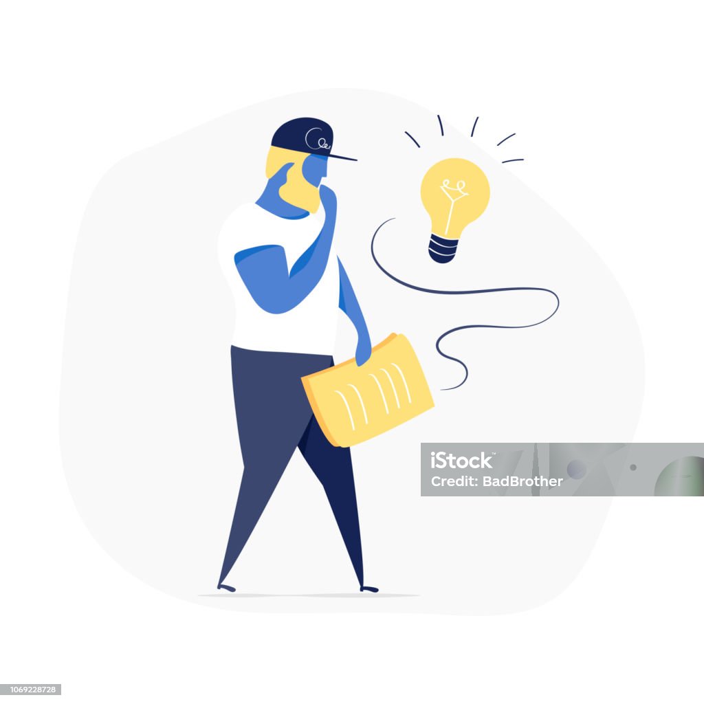 Man with a stack of paper in hands in doubts, he think and trying to find idea, solution, brainstorming A curious man, cute cartoon man with a stack of paper in hands in doubts, he think and trying to find idea, solution, brainstorming. Flat modern hand drawn vector doodle design illustrations. Adult stock vector