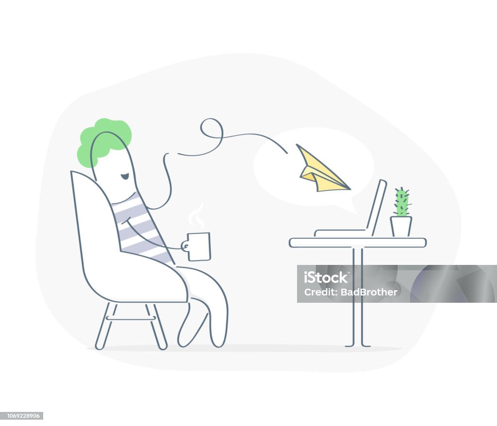 Send eMail, cute cartoon man sitting in a cozy chair and throws a paper airplane to the laptop Send Mail, cute cartoon man sitting in a cozy chair and throws a paper airplane to the laptop. Freelance, e-mail marketing, comfortable work. Outline premium quality vector illustration. Laptop stock vector