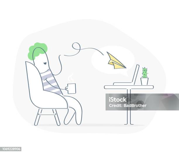 Send Email Cute Cartoon Man Sitting In A Cozy Chair And Throws A Paper Airplane To The Laptop Stock Illustration - Download Image Now