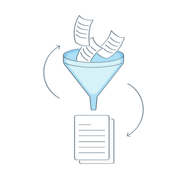 big data filter, data tunnel, analysis - vector Filter icon vector funnel, document or information filtering concept, big data filter, data tunnel, analysis, flat outline isolated vector illustration of website element on white. separating funnel stock illustrations