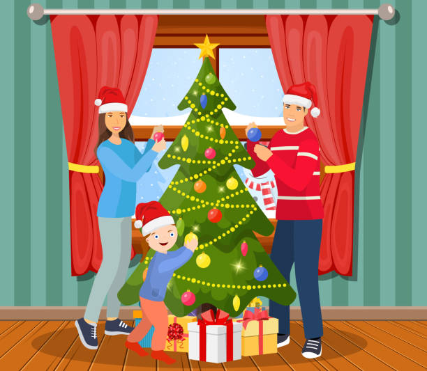 ilustraciones, imágenes clip art, dibujos animados e iconos de stock de escena de la noche de navidad familiar. - christmas tree family winter art