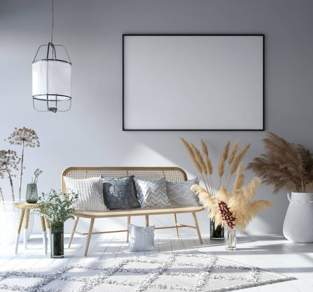 istock Mock up poster frame in home interior background, Bohemian style living room 1069232000
