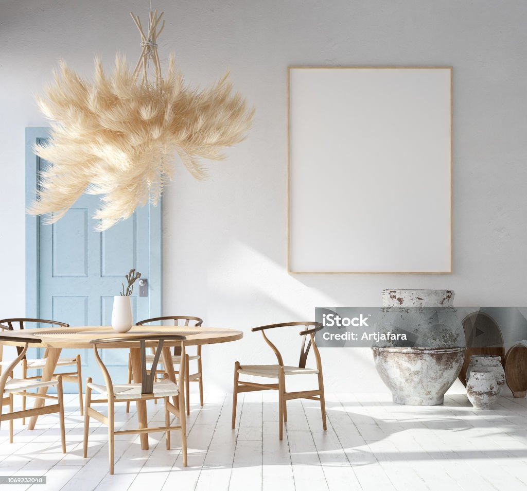 Casa interior com maquete de cartaz, estilo boêmio escandinavo - Foto de stock de Interior royalty-free