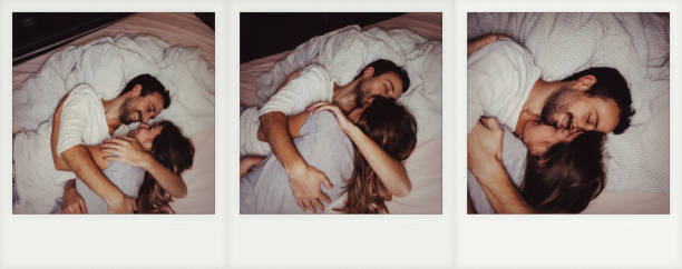 In tight hug Three instant photos of a young couple enjoying to spend time together, while lying and hugging in their bedroom kissing photos stock pictures, royalty-free photos & images