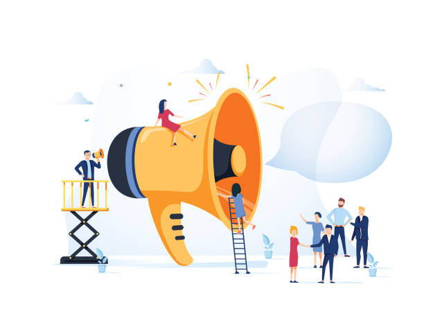 promocja reklamy biznesowej. głośnik rozmowa z tłumem. big megaphone i flat people znaków reklama - announcement message megaphone announce advertise stock illustrations