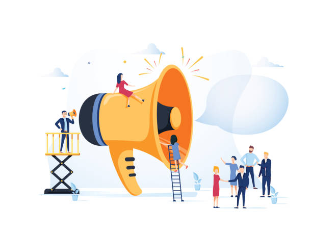 Business Advertising Promotion. Loudspeaker Talking to the Crowd. Big Megaphone and Flat People Characters Advertisement Business Advertising Promotion. Loudspeaker Talking to the Crowd. Big Megaphone and Flat People Characters Advertisement Marketing Concept. Vector illustration. Announcement business communication beckoning stock illustrations