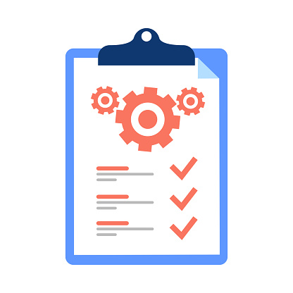 Clipboard and cogwheel, technical support check list, team work solution, project management, software upgrade. Testing services vector icon, flat design illustration. technical terms and conditions