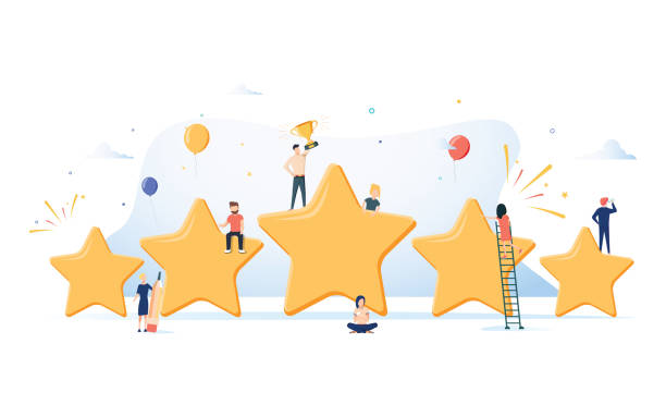 Flat isometric vector concept of five stars, best rating, customer feedback, positive review. Winner award First place Flat isometric vector concept of five stars, best rating, customer feedback, positive review. Winner award First place competition stars. Success reward vector. Business Success reviews from customers mentor cartoon stock illustrations