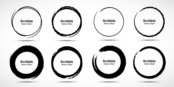 istock Hand drawn circle brush sketch set. Grunge doodle scribble round circles for message note mark design element. Brush circular smears. Banners, Insignias , Logos, Icons, Labels and Badges. Vector 1069240810