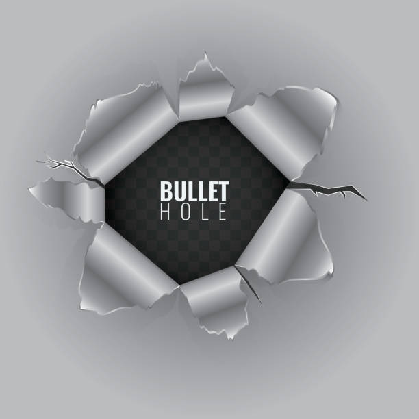 istock Bullet hole in hard metal material with ripped steel edges. Vector illustration isolated on transparent background. 1069248702
