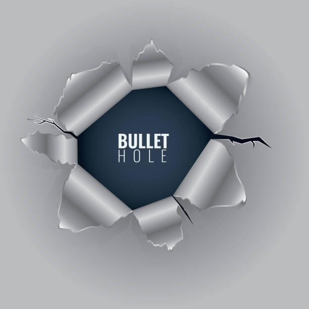 istock Bullet hole in hard metal material with ripped steel edges. Vector illustration isolated on transparent background. 1069248940