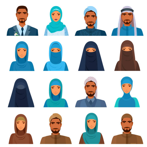 中東人のアバターを設定します。肩、顔を持つ男性と女性の頭。 - muslim cap点のイラスト素材／クリップアート素材／マンガ素材／アイコン素材