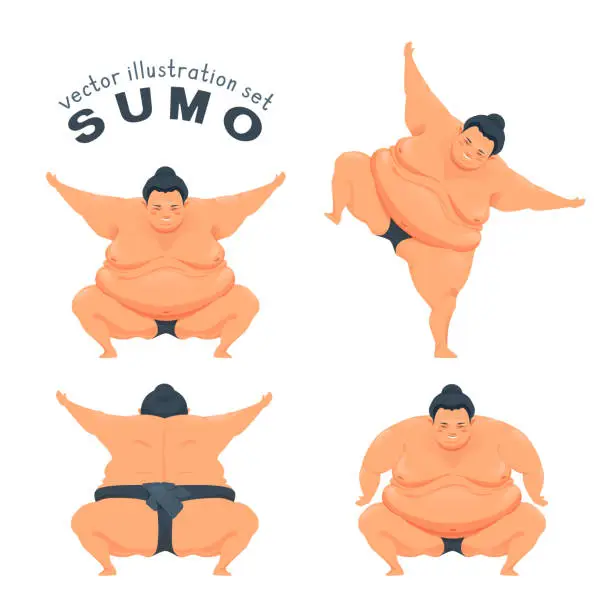 Vector illustration of Funny sumo wrestler. Smiling cute big Asian man. Different action poses.