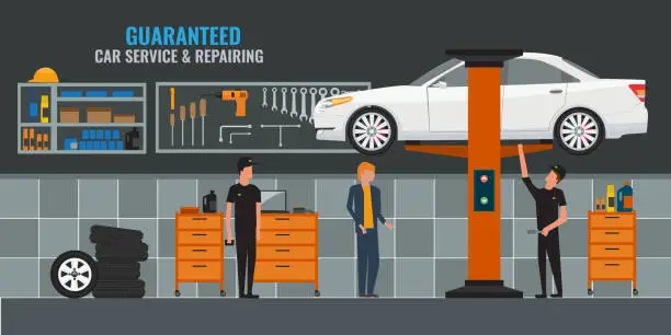 Vector illustration of Auto repair shop interior with mechanics or masters working and fixing cars, professional service. Car on the lift. Vector illustration.