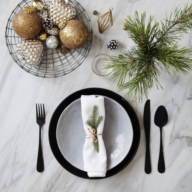 christmas table setting - table knife silverware black fork imagens e fotografias de stock