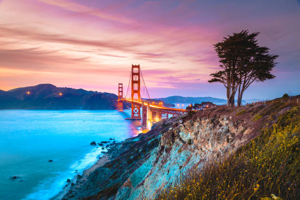 Golden Gate Bridge at twilight, San Francisco, California, USA Classic panorama view of famous Golden Gate Bridge seen from scenic Baker Beach in beautiful post sunset twilight with blue sky and clouds at dusk in summer, San Francisco, California, USA marin county stock pictures, royalty-free photos & images