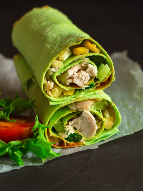 istock burrito green spinach wraps with meat and vegetables  (tortilla wraps). top view. copy space 1069259902