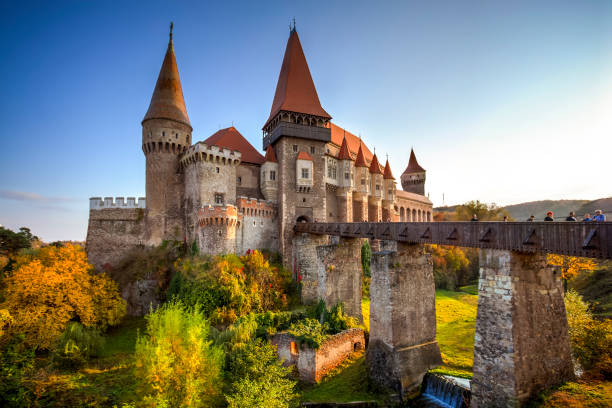 Hunyad Castle, Romania Hunyad or Corvin castle seen at the golden hour, in Hunedoara, Transylvania, Romania. Photo taken on 20th of October 2018. romania stock pictures, royalty-free photos & images