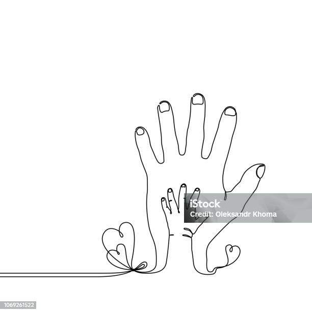 Continuous Line Drawing Of A Baby Child Hand On The Parents Hand - Arte vetorial de stock e mais imagens de Arte Linear