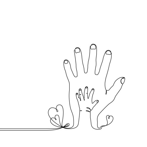 Continuous line drawing of a baby child hand on the parents hand Continuous line drawing of a baby child hand on the parents hand, simple single line draw metaphor of the happy family, adult and youth, fathers love or a new generation father kid stock illustrations