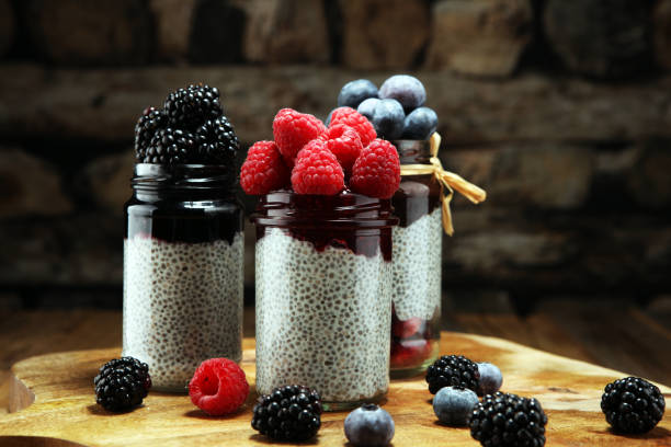 istock Healthy breakfast. chia pudding with kiwi and granola in glass on rustic background. 1069263700