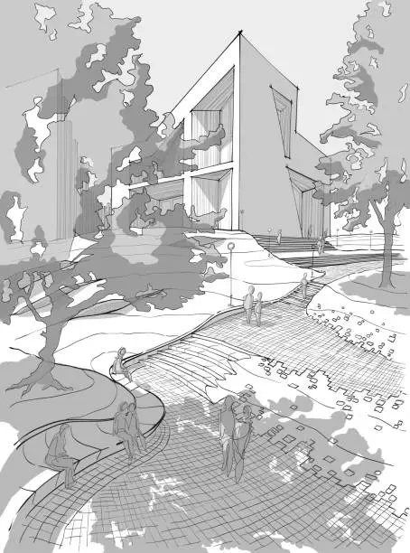 Vector illustration of Hand drawn black and white landscape architecture