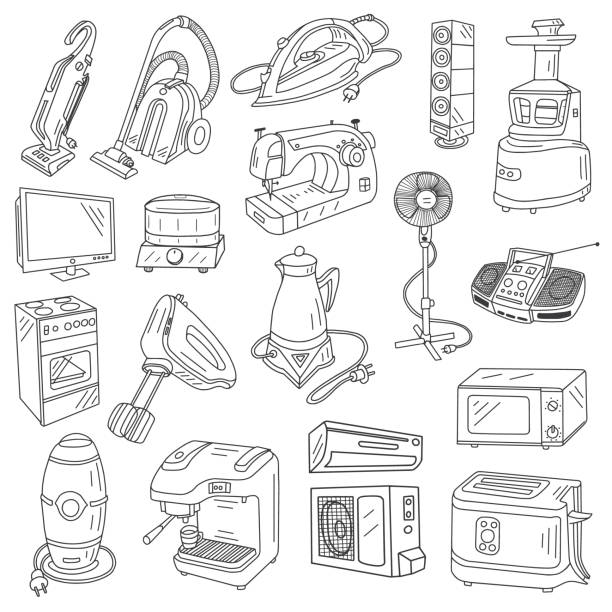 illustrazioni stock, clip art, cartoni animati e icone di tendenza di set doodles elettrodomestici - vacuum cleaner illustrations