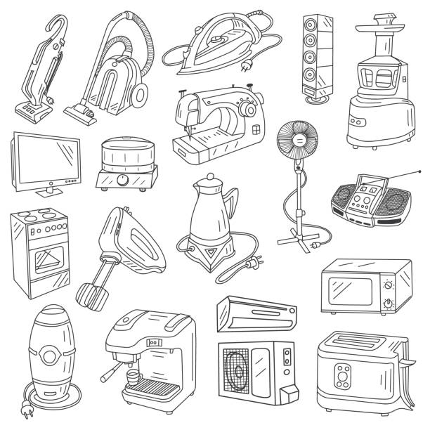 приборы doodles набор - vacuum cleaner illustrations stock illustrations