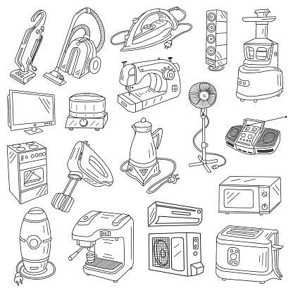 Vector household appliances doodles set.