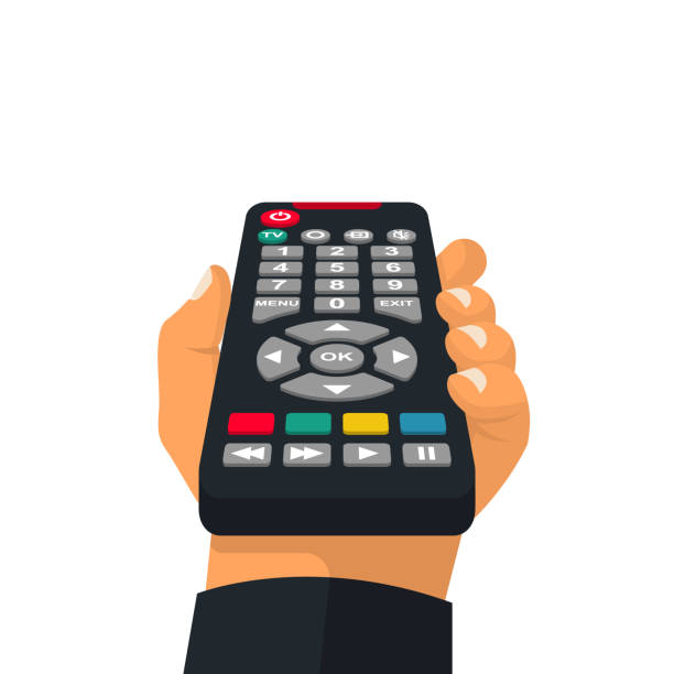 Remote control holding in hand Remote control holding in hand. Wireless television control. Social media. Rest at home, while watching programs. Vector illustration flat design. Isolated on white background. remote control stock illustrations