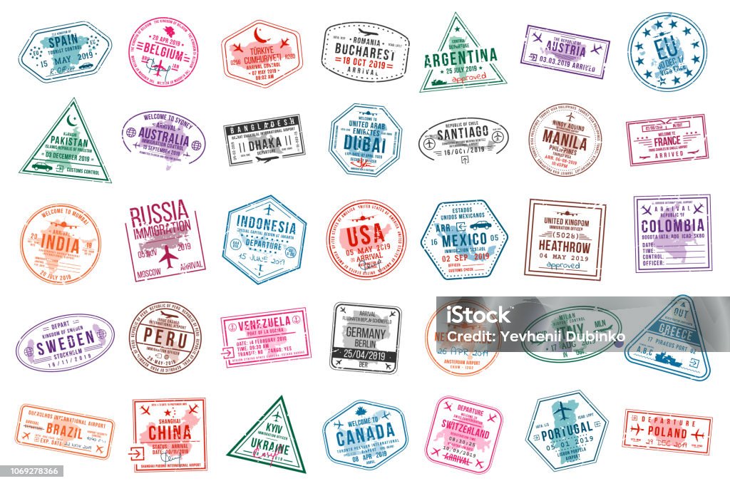 Set of travel visa stamps for passports. International and immigration office stamps. Arrival and departure visa stamps Set of travel visa stamps for passports. International and immigration office stamps. Arrival and departure visa stamps to Europe, America, Asia and Australia. Vector Passport Stamp stock vector