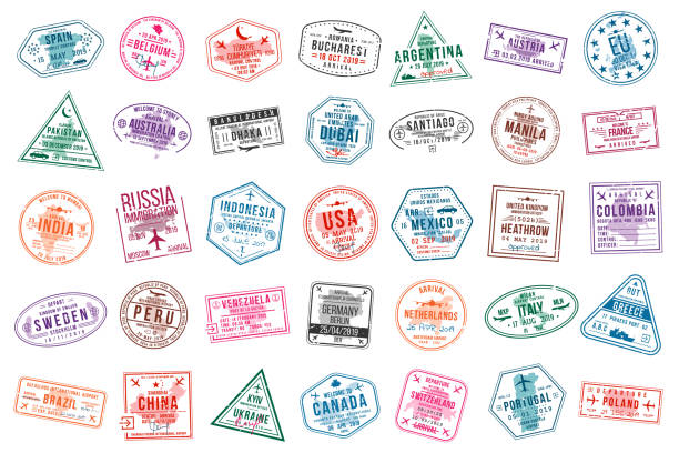 Set of travel visa stamps for passports. International and immigration office stamps. Arrival and departure visa stamps Set of travel visa stamps for passports. International and immigration office stamps. Arrival and departure visa stamps to Europe, America, Asia and Australia. Vector passport stamp stock illustrations