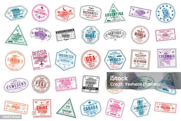 Set Of Travel Visa Stamps For Passports International And Immigration Office Stamps Arrival And Departure Visa Stamps Stock Illustration - Download Image Now